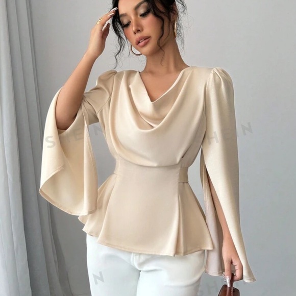 Elenzya Women's Solid Color Lapel Split Long Sleeve Elegant Blouse, Autumn - Picture 4 of 4